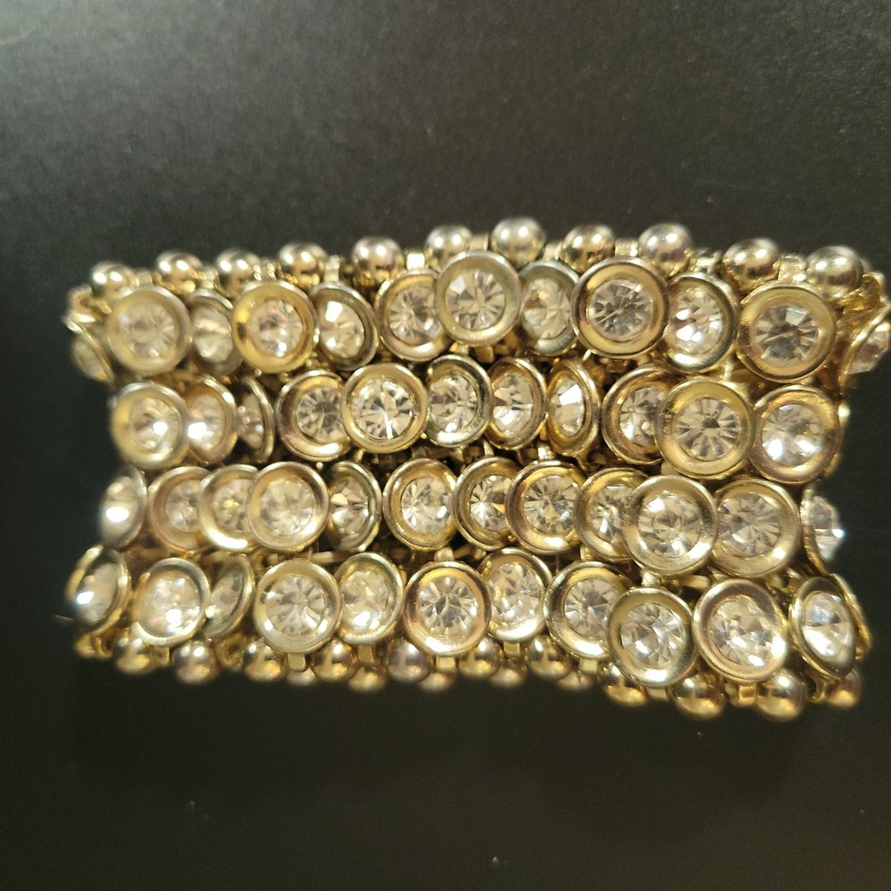 Gold Rhinestone Wide Stretch Cuff Bracelet One Size Fits Most Glam